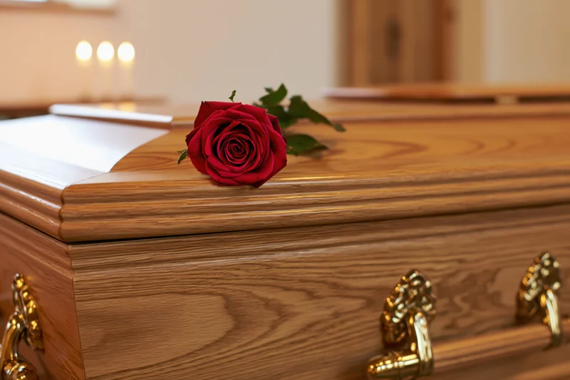 Red rose resting on closed oak coffin in funeral setting