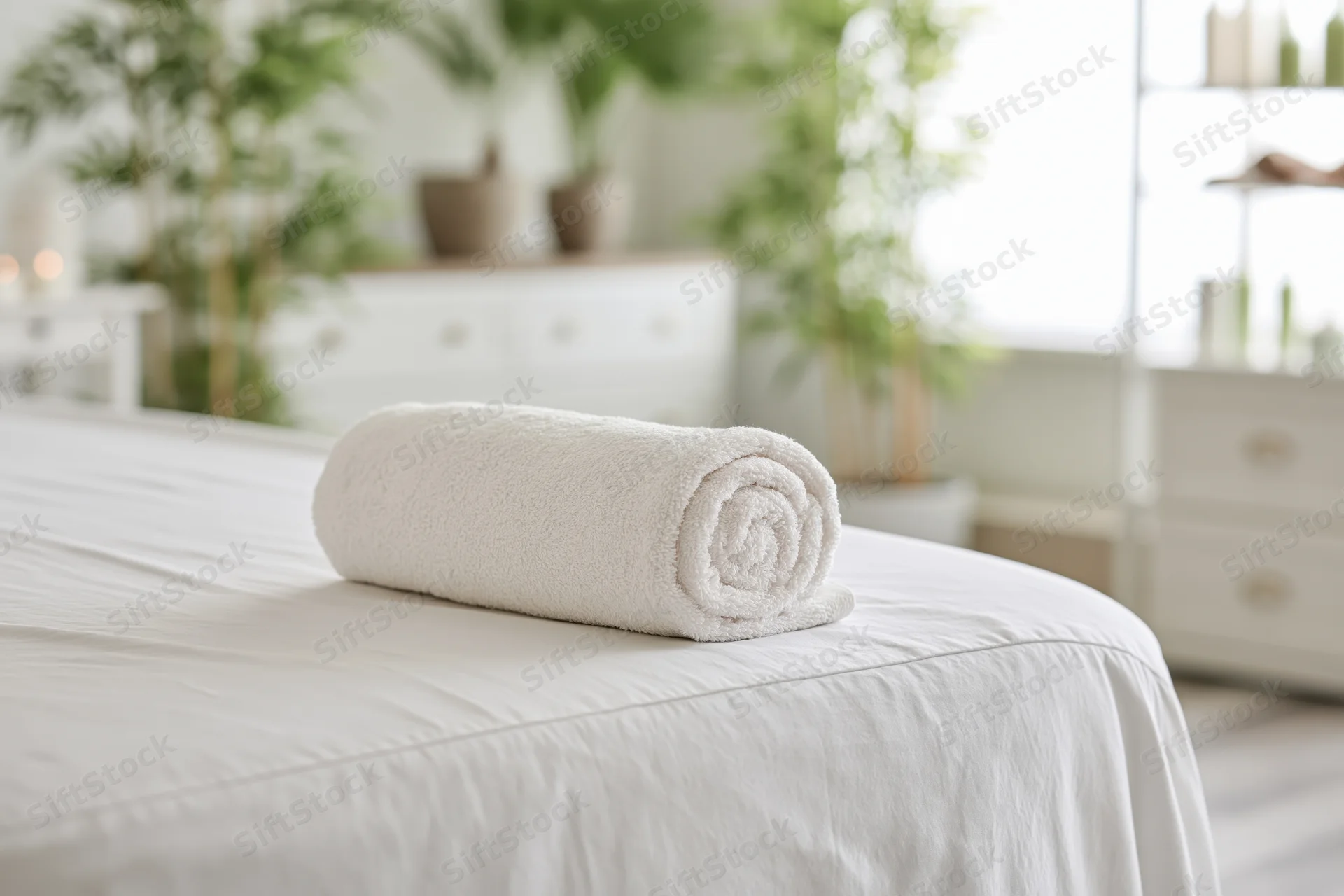 Rolled white towel on a massage table in a spa treatment room