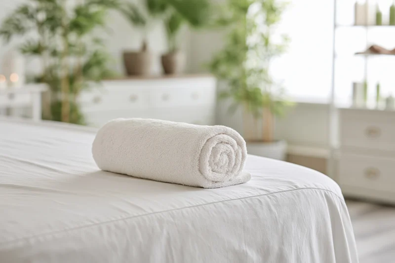 Rolled white towel on a massage table in a spa treatment room