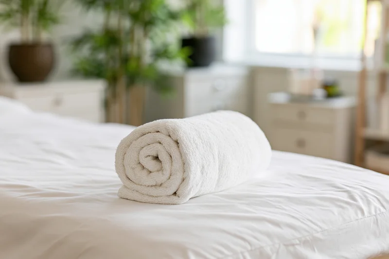 Rolled white towel on a bed in a spa treatment room with plants and soft lighting