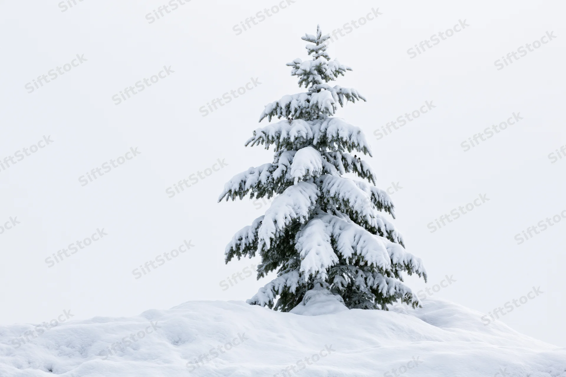 Snow-covered spruce tree standing alone on a snowdrift in a winter landscape