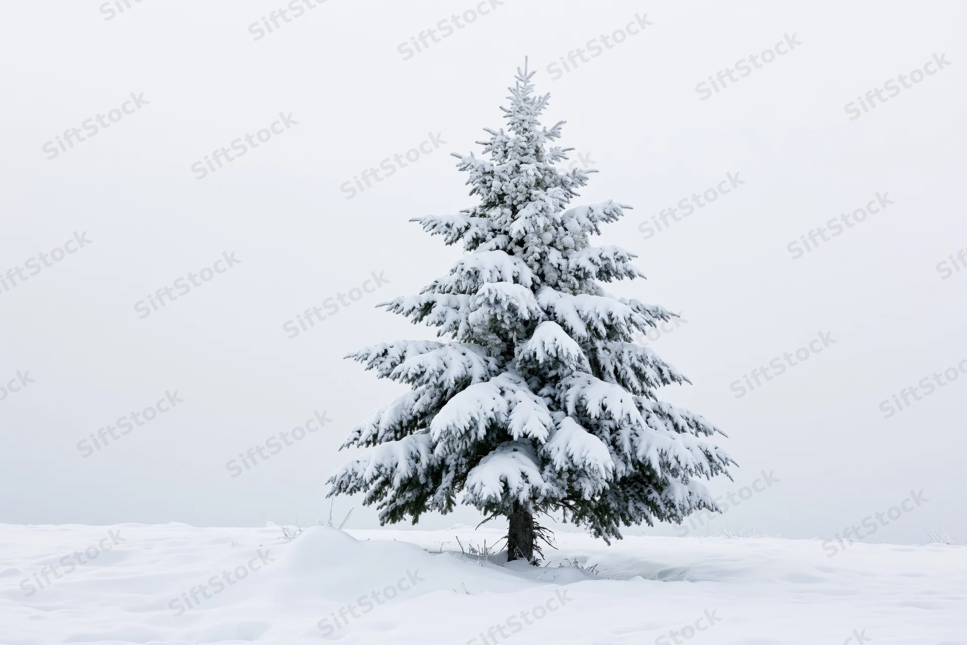 Snow-covered spruce tree standing alone in deep snow on a flat snowy field under overcast sky