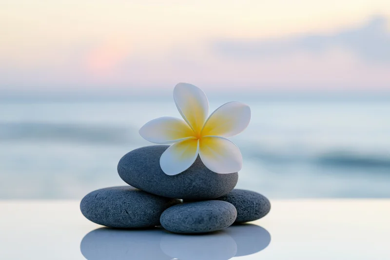 Plumeria flower resting on stacked stones by the ocean at sunset