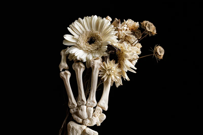 Skeletal hand holding a bouquet of white gerbera daisies and dried flowers against black background