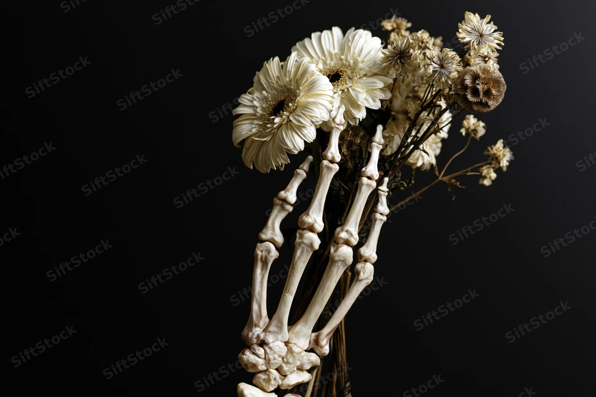 Skeletal hand holding white gerbera daisies and dried flowers against black background
