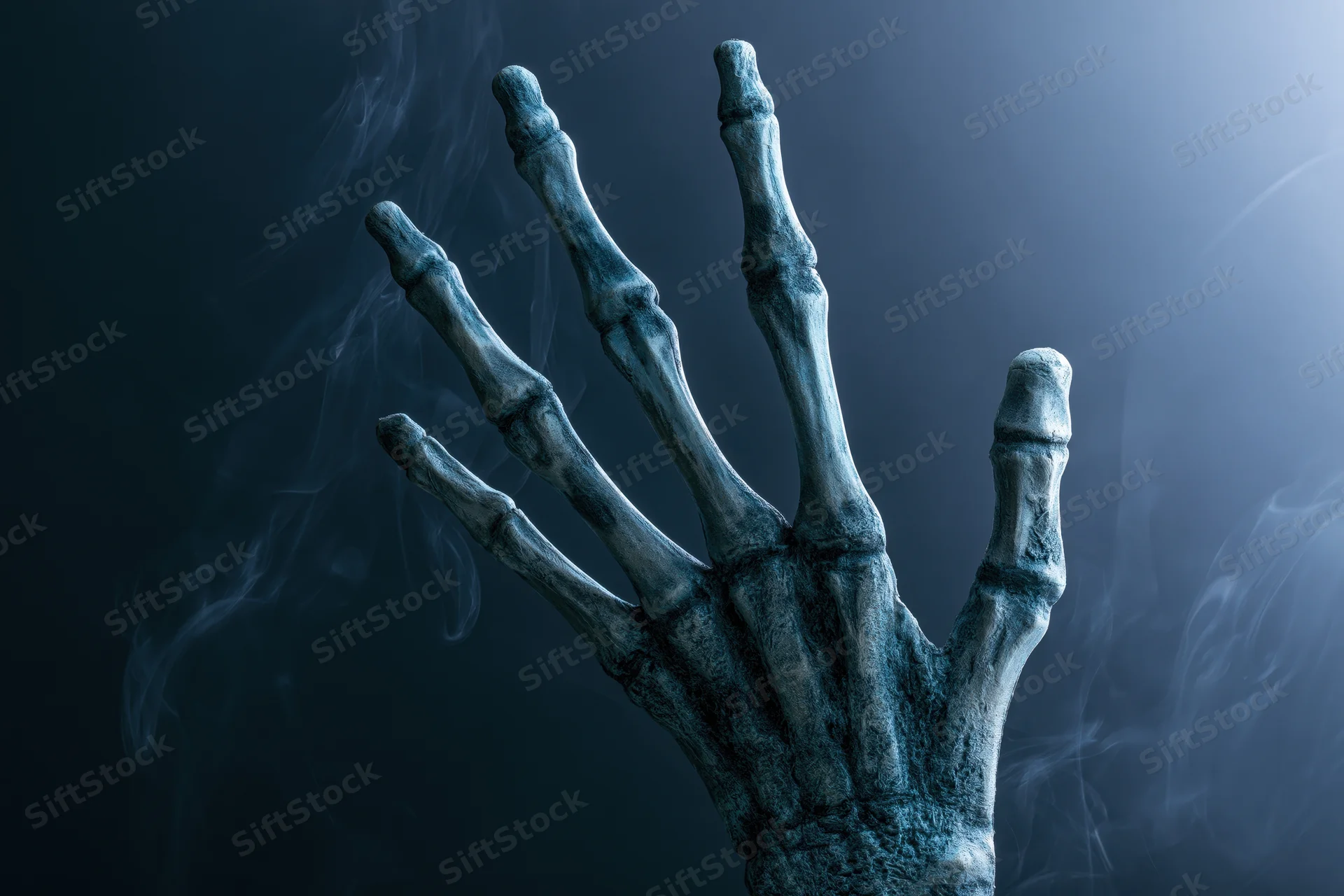 Skeletal hand prop reaching upward with splayed fingers in dark smoky atmosphere