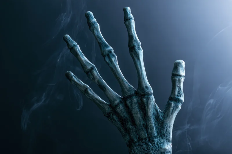 Skeletal hand prop reaching upward with splayed fingers in dark smoky atmosphere