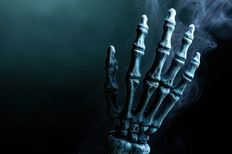 Skeletal hand prop reaching upward with fingers splayed against dark smoky background