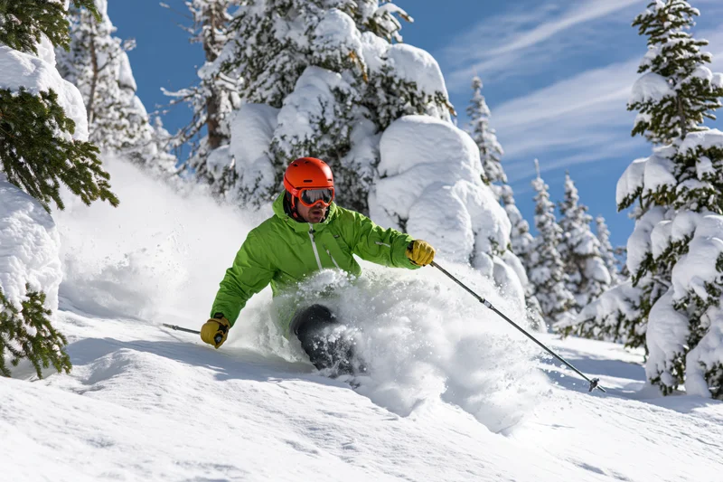 Skier in bright green jacket and orange helmet carving through deep powder snow on a mountain slope surrounded by snow-covered pine trees