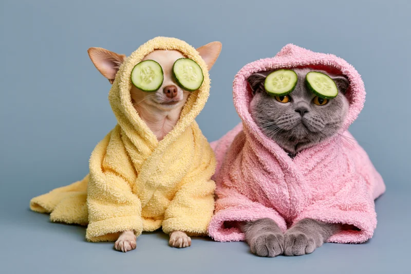 Chihuahua and british shorthair cat in hooded bathrobes with cucumber slices over eyes sitting together on blue background