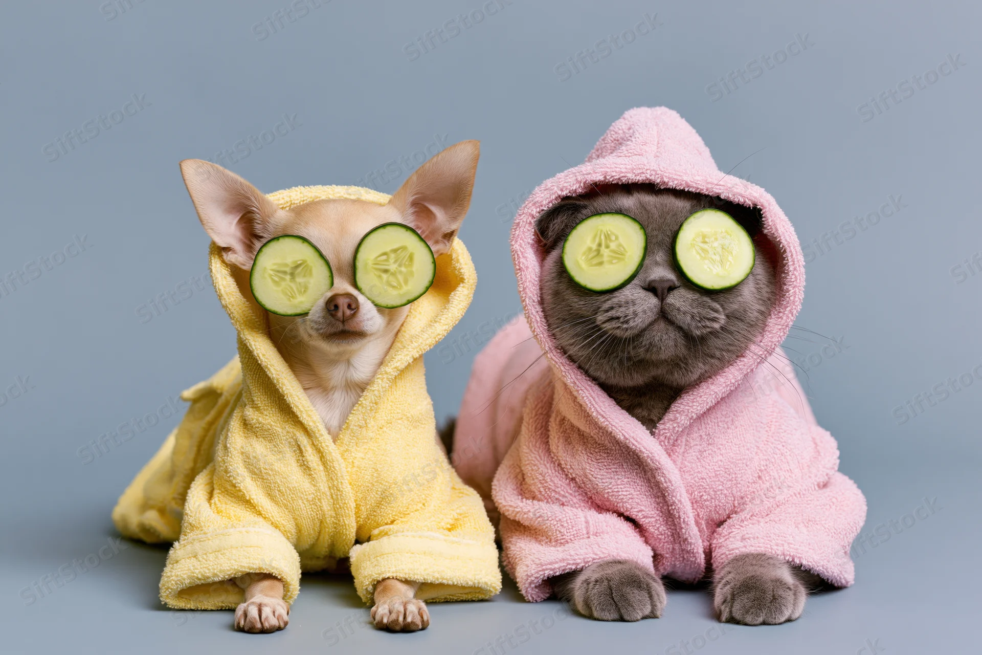 Chihuahua and britishshorthair cat in hooded bathrobes with cucumber slices over eyes on light gray background