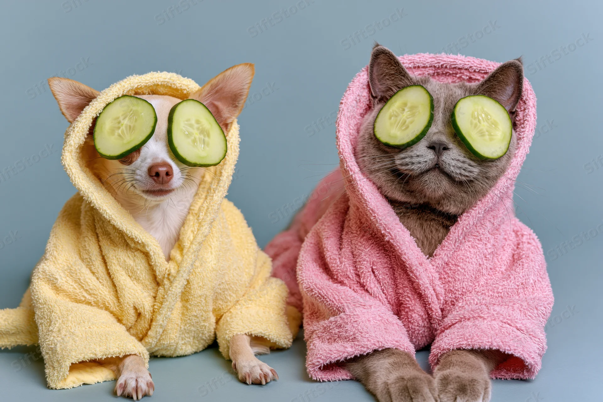 Chihuahua and britishshorthair cat in hooded bathrobes with cucumber slices over eyes sitting side by side