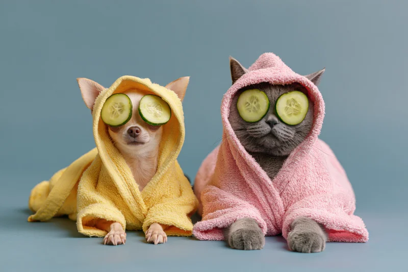 Chihuahua and britishshorthair cat in hooded towels with cucumber slices over eyes on blue background