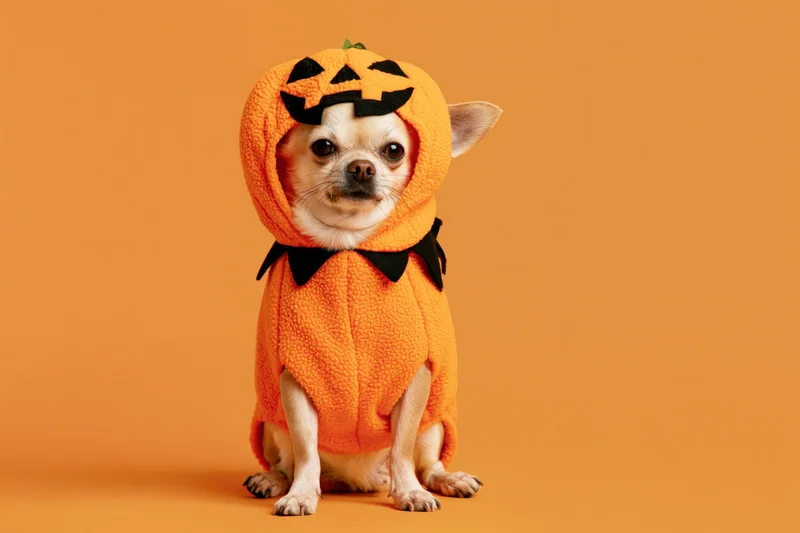Small chihuahua in orange pumpkin costume sitting upright against orange background