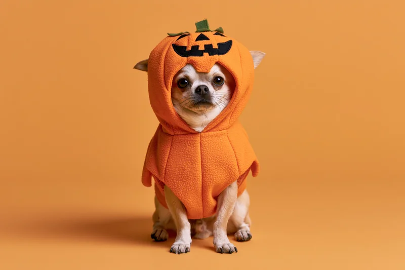 Small chihuahua sitting upright in orange pumpkin costume against solid orange background