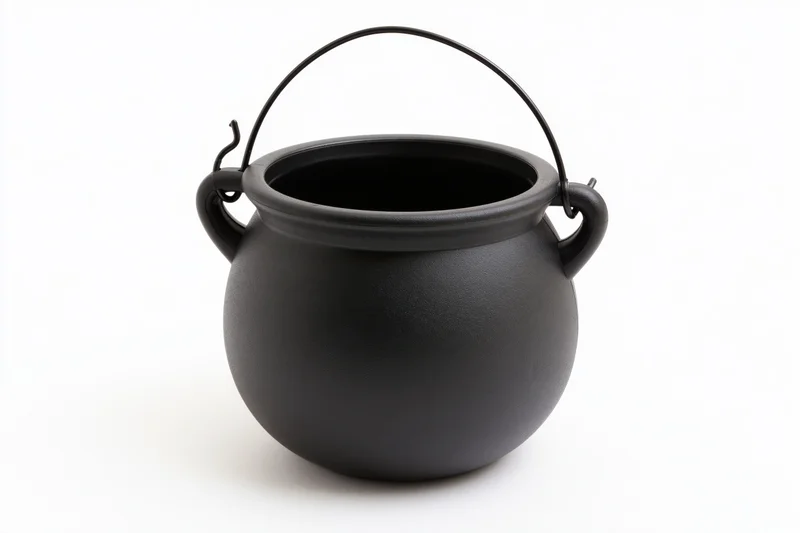 Small black plastic halloween cauldron with wire bail handle on white background