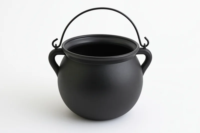 Small black plastic halloween cauldron with wire bail handle on white background