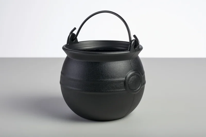 Small black plastic cauldron with wire bail handle on white surface
