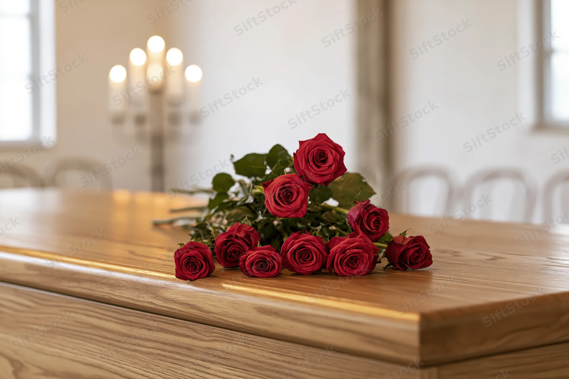Red roses arranged on a closed wooden coffin in a softly lit room with candles and windows in the background