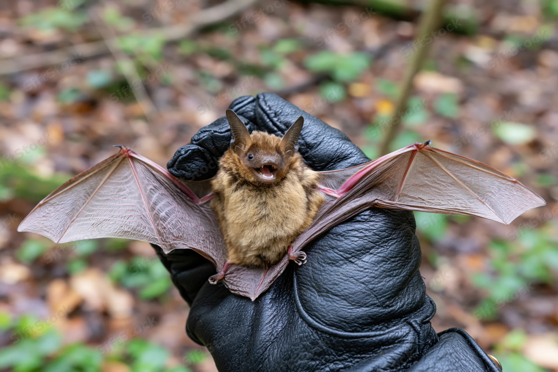 Small brown bat with wings spread held in black leather gloved hand in forest setting