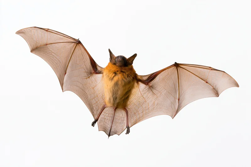 Small brown bat in mid-flight with wings fully spread against white background
