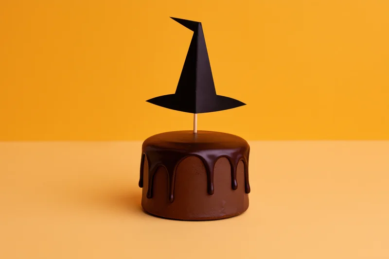 Chocolate-frosted cake with paper witch hat decoration on orange background