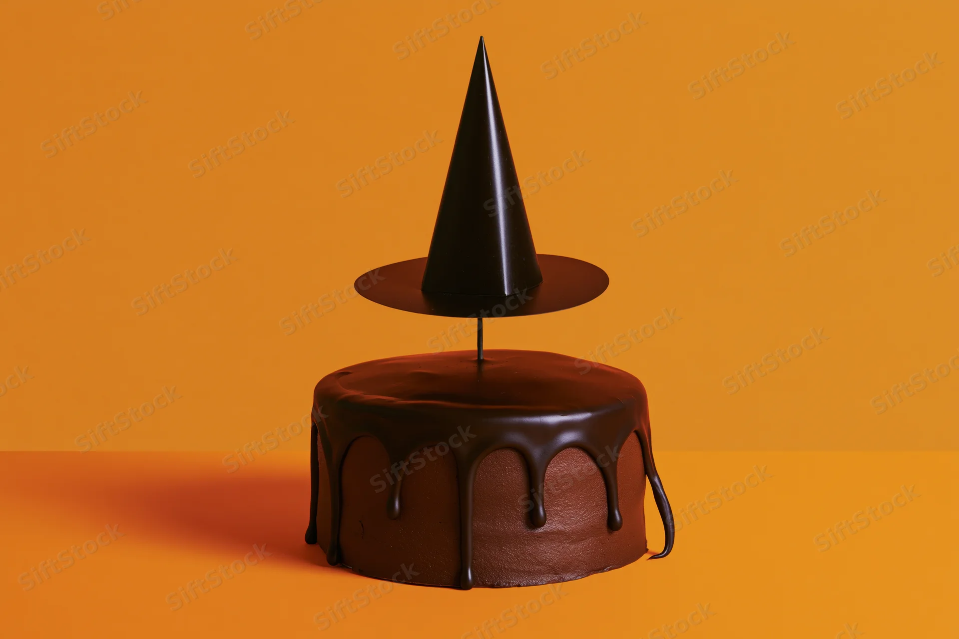 Chocolate cake with dripping frosting and a witch hat decoration on an orange surface