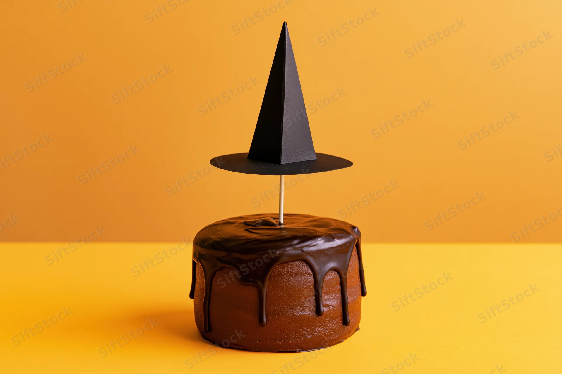 Chocolate-frosted cake with a paper witch hat on a yellow surface against an orange background