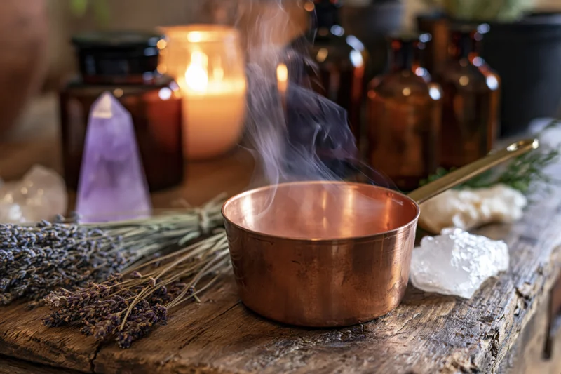 Copper cauldron releasing steam on rustic wooden table surrounded by lavender, crystals and candles