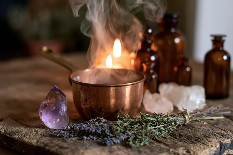 Copper cauldron releasing steam over a lit candle surrounded by lavender, sage, amethyst crystal and amber bottles on a wooden table