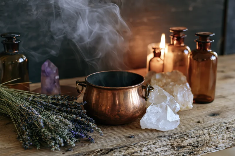 Small copper cauldron releasing steam on wooden table surrounded by crystals, lavender, amber bottles and candle