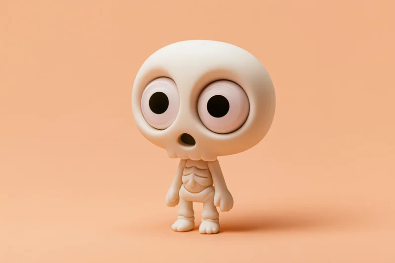 Cute cartoon skeleton toy figurine standing on peach background