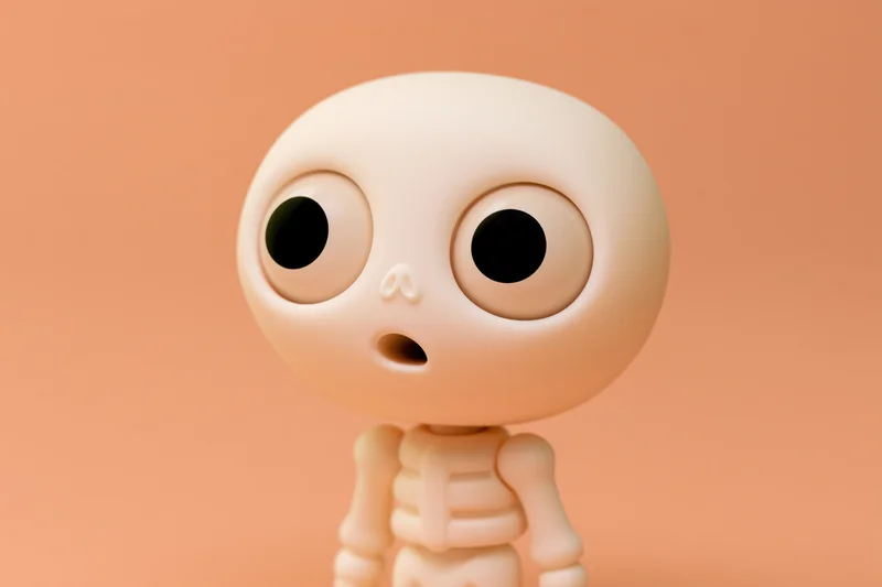 Cute cartoon skeleton toy figurine with oversized eyes standing against peach background