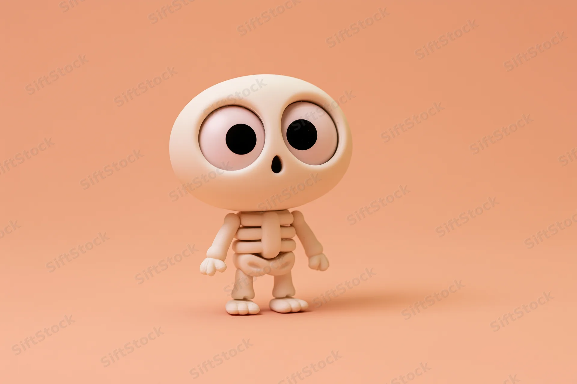 Cute cartoon skeleton toy figurine standing on peach background with oversized eyes and surprised expression