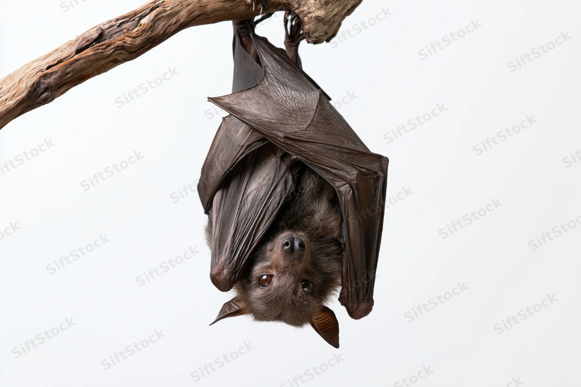 Fruit bat hanging upside down from a gnarled dry branch against white background