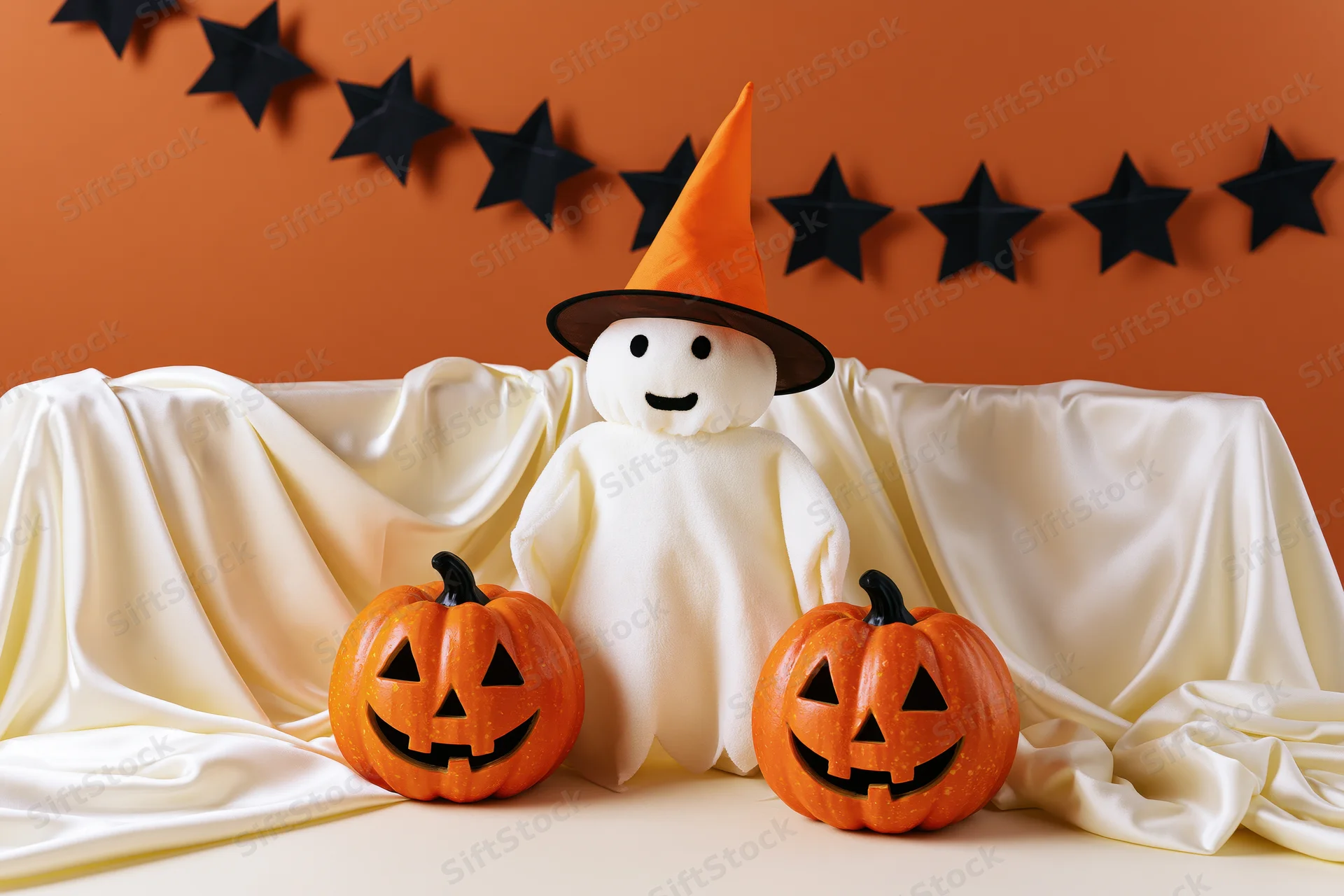 Small ghost costume figure wearing orange witch hat posed with two jack-o-lanterns on draped fabric against orange wall with black star garland