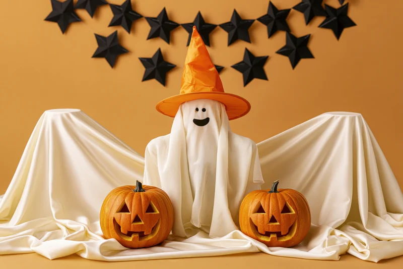 Ghost costume figure in orange witch hat flanked by two carved pumpkins on draped white fabric with black star garland above