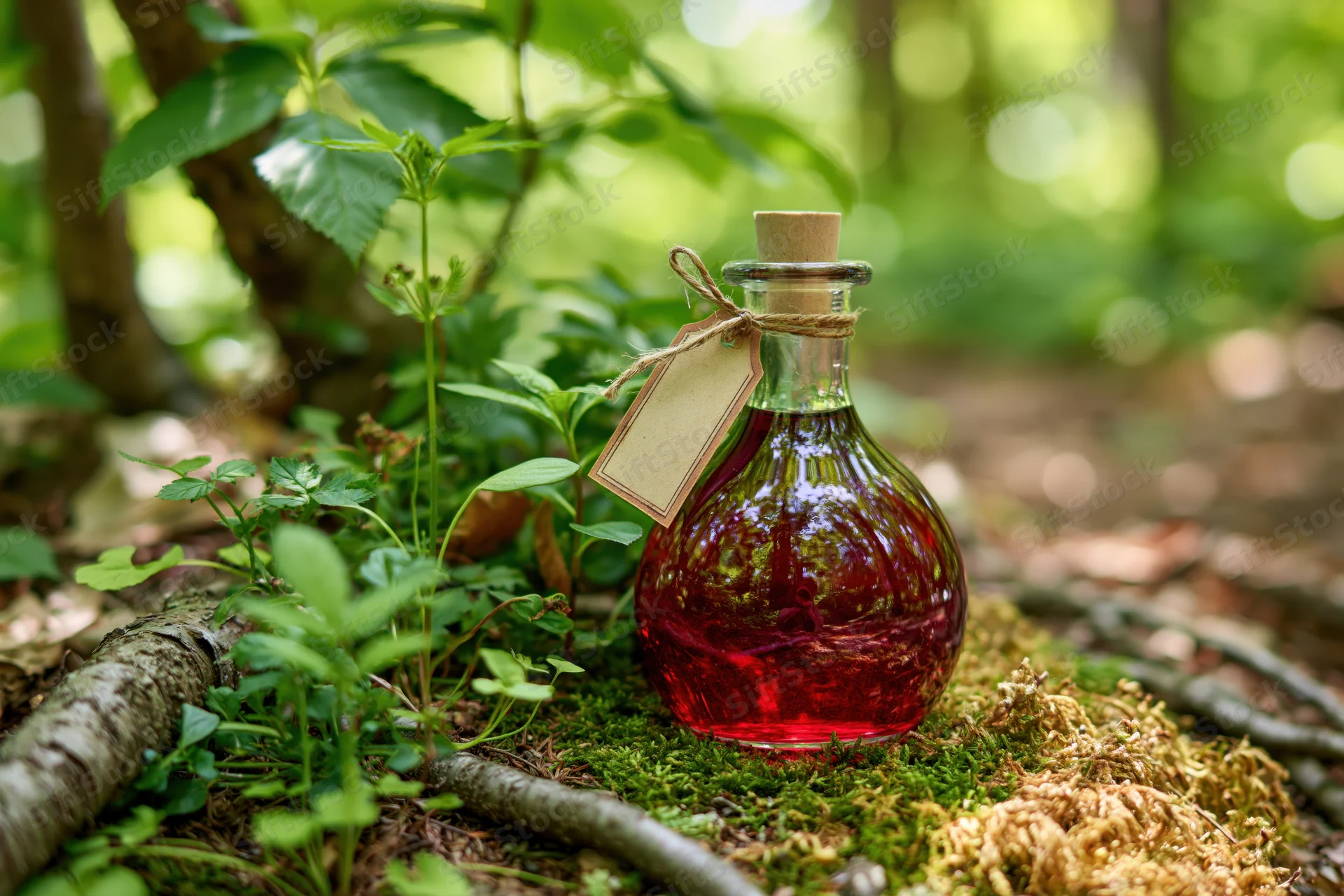 Small glass decanter filled with deep red liquid resting on mossy forest floor among green plants and twigs