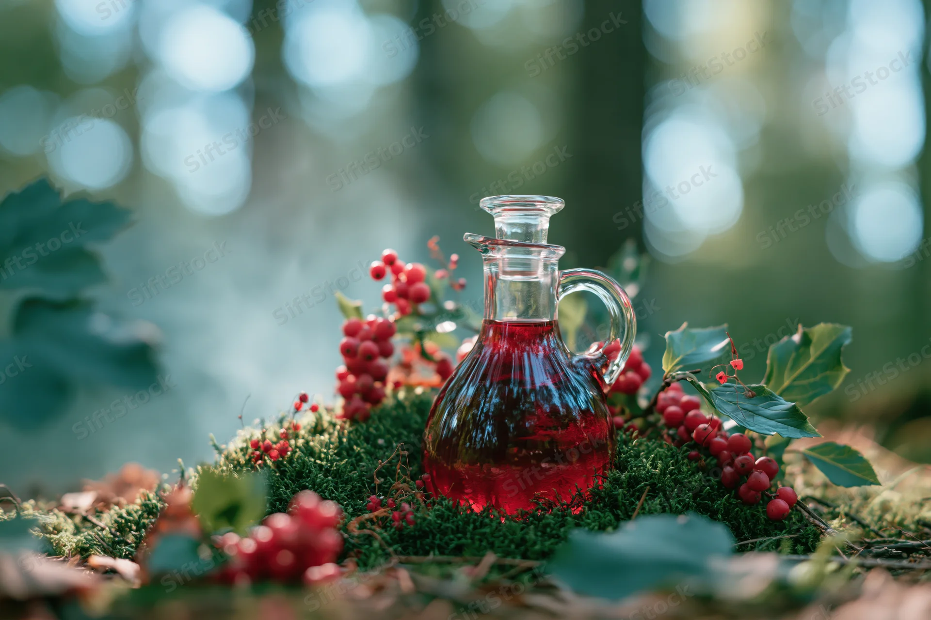 Glass decanter with red liquid on mossy forest floor surrounded by red berries and green leaves