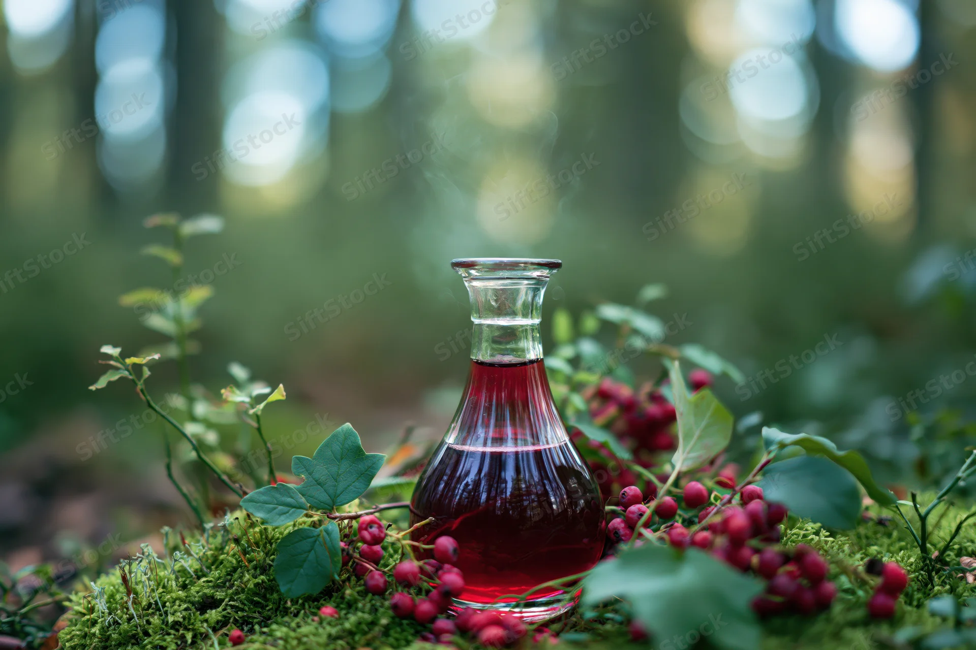Glass decanter with red liquid and berries on mossy forest floor