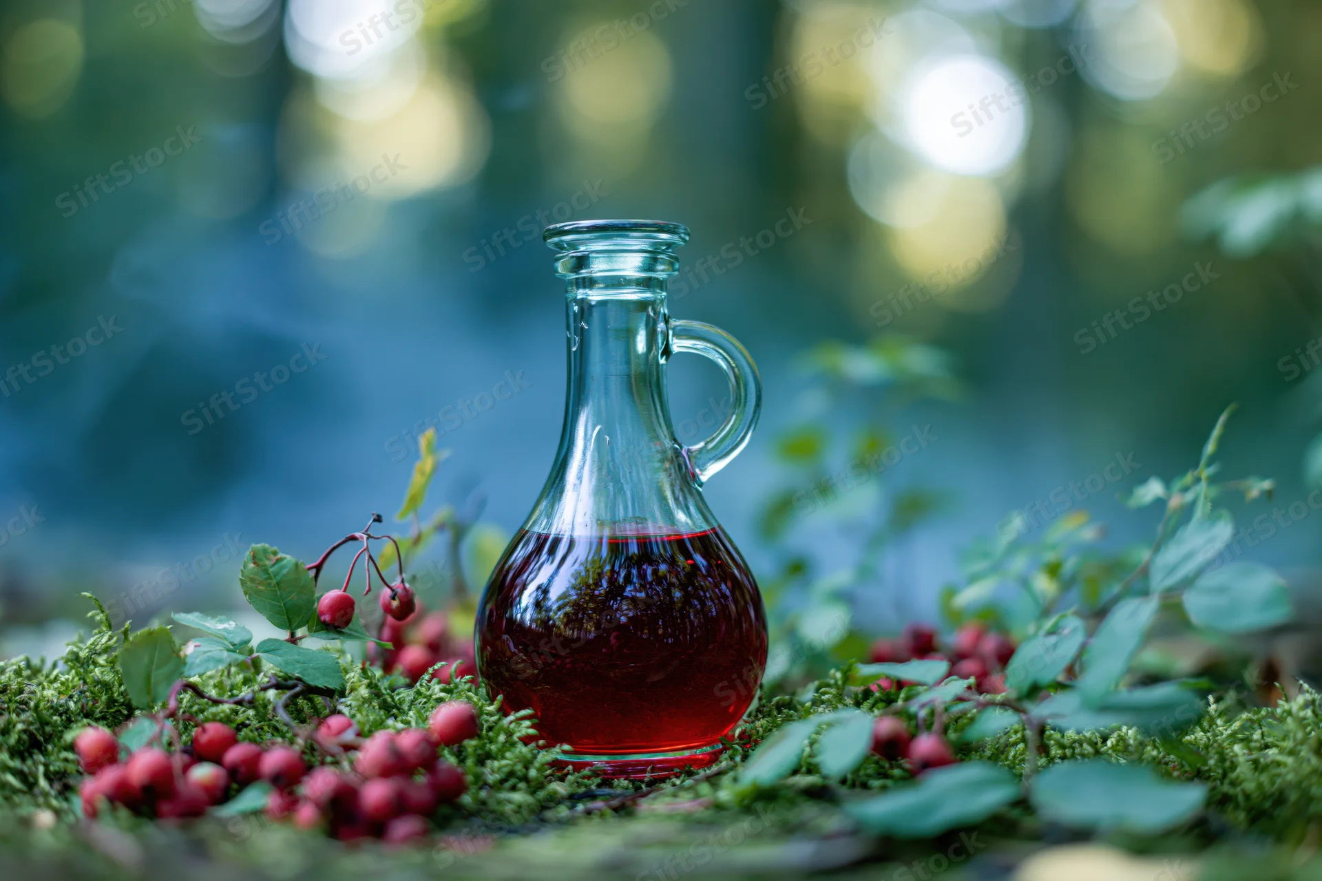Glass decanter with red liquid surrounded by moss and berries in a forest setting