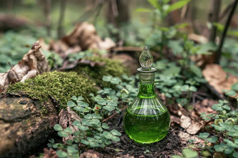 Glass decanter filled with green liquid resting on mossy forest ground among clover plants
