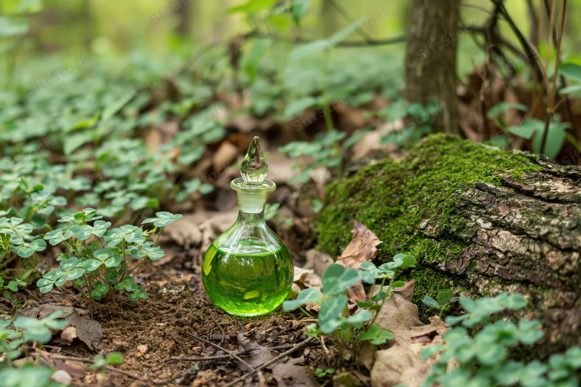 Small glass decanter filled with green liquid resting on forest floor among clover and moss near tree trunk
