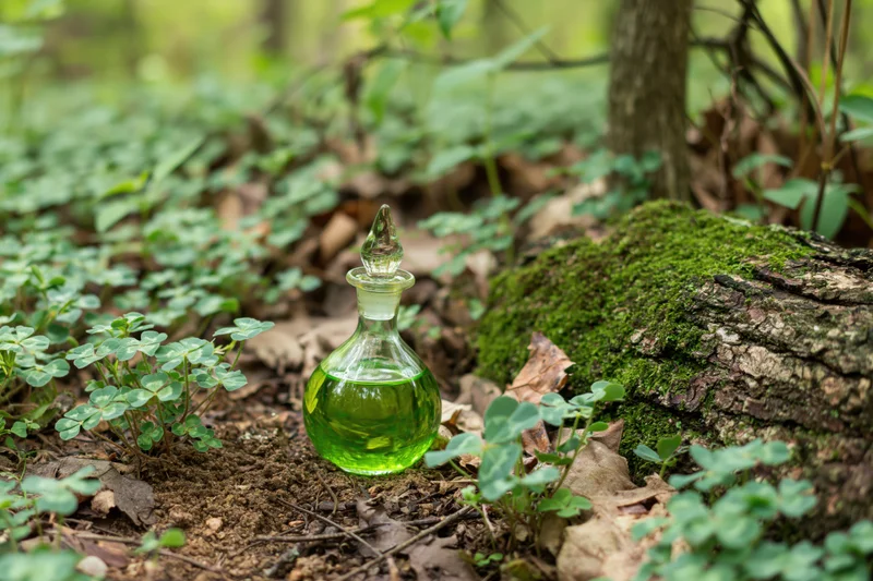 Small glass decanter filled with green liquid resting on forest floor among clover and moss near tree trunk