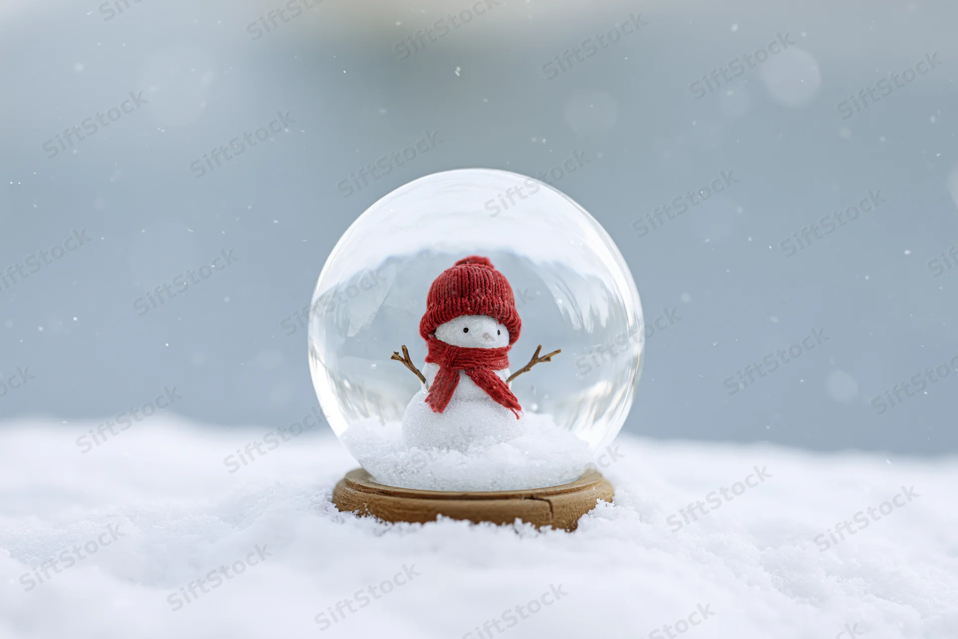 Snowglobe with snowman wearing red hat and scarf sitting in snow outdoors