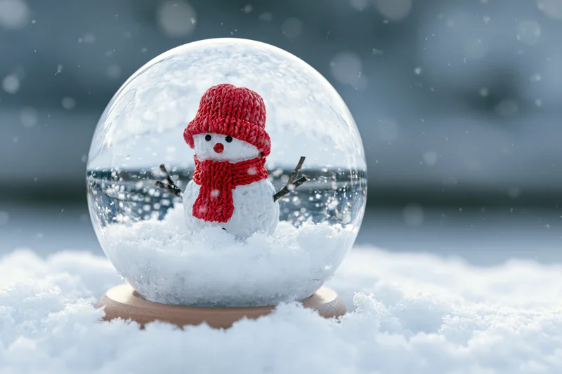 Snowman in red knitted hat and scarf inside glass snowglobe resting on snow-covered ground outdoors
