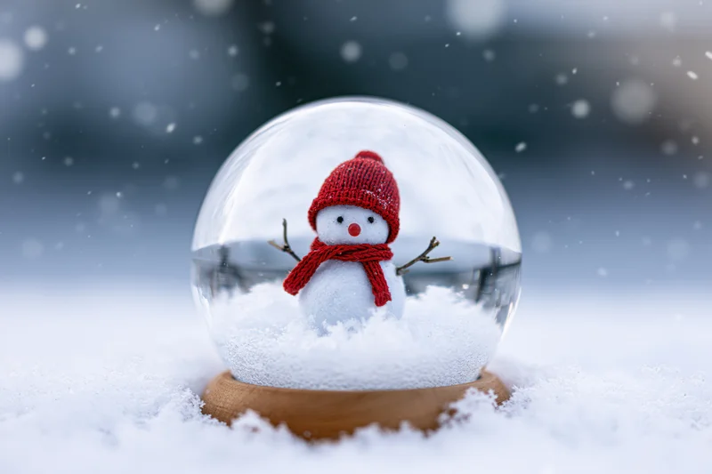 Snowman in red hat and scarf inside glass snowglobe resting on snow outdoors