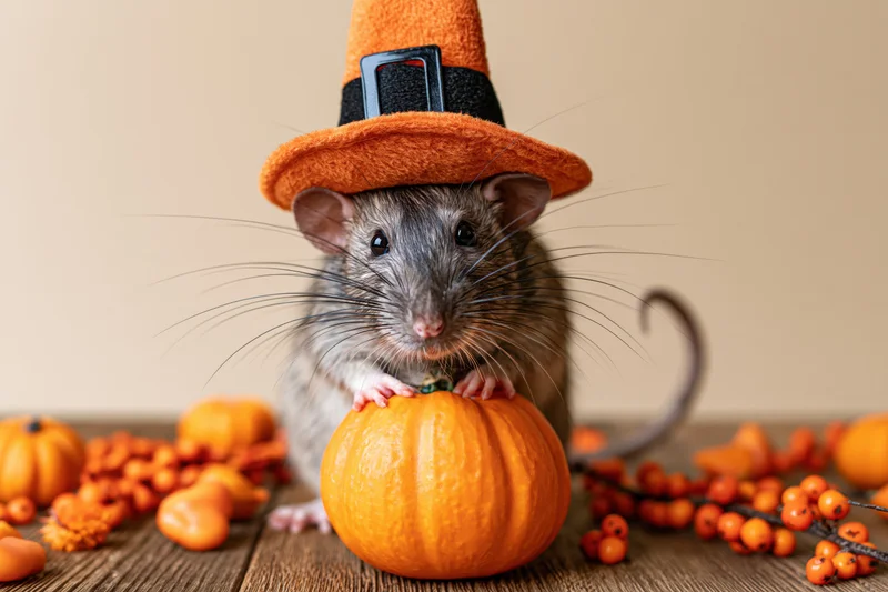 Small grey rat wearing orange witch hat sitting on pumpkin surrounded by autumn decorations on wooden table