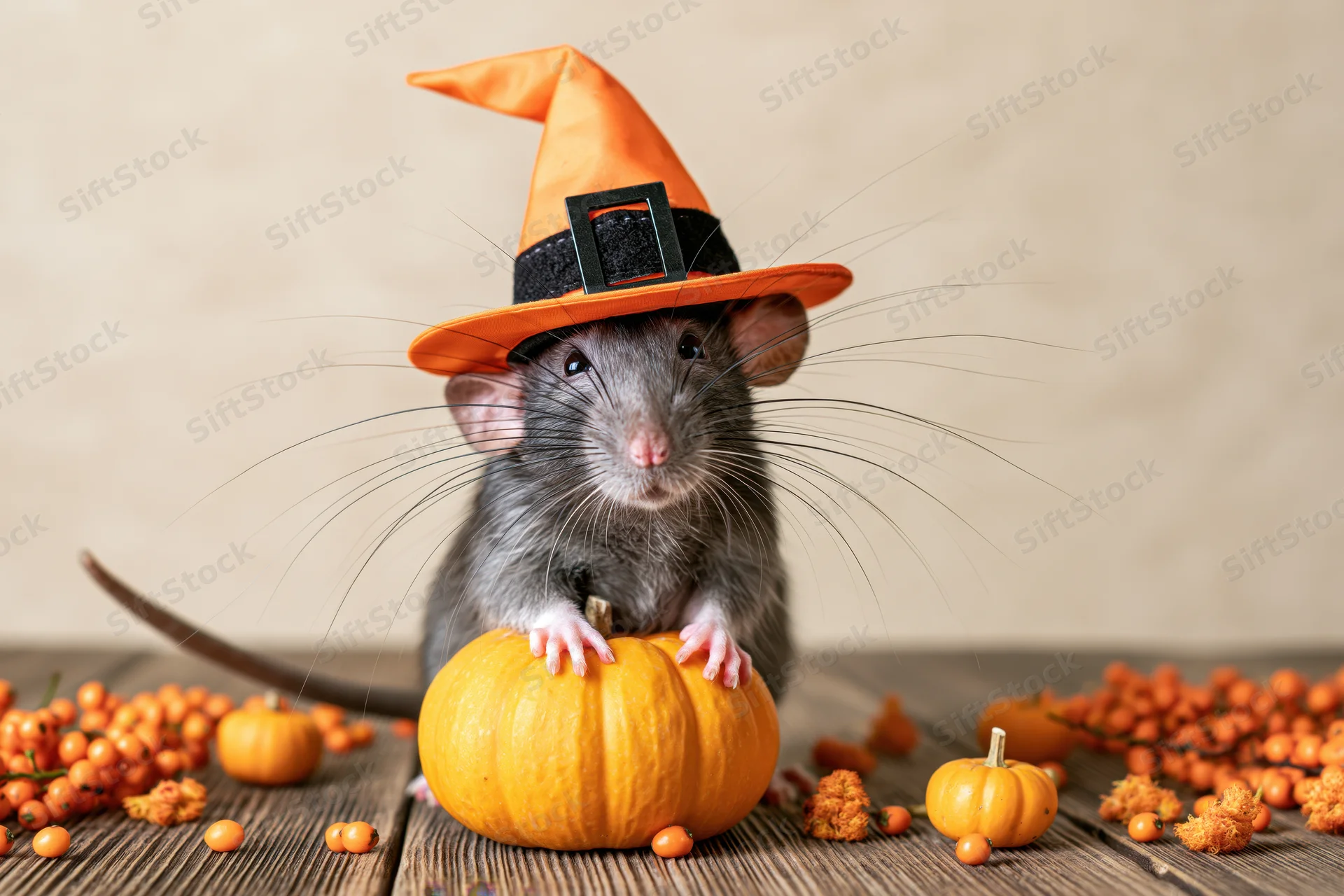 Grey rat wearing orange witch hat sitting on small pumpkin on wooden table surrounded by autumn decorations