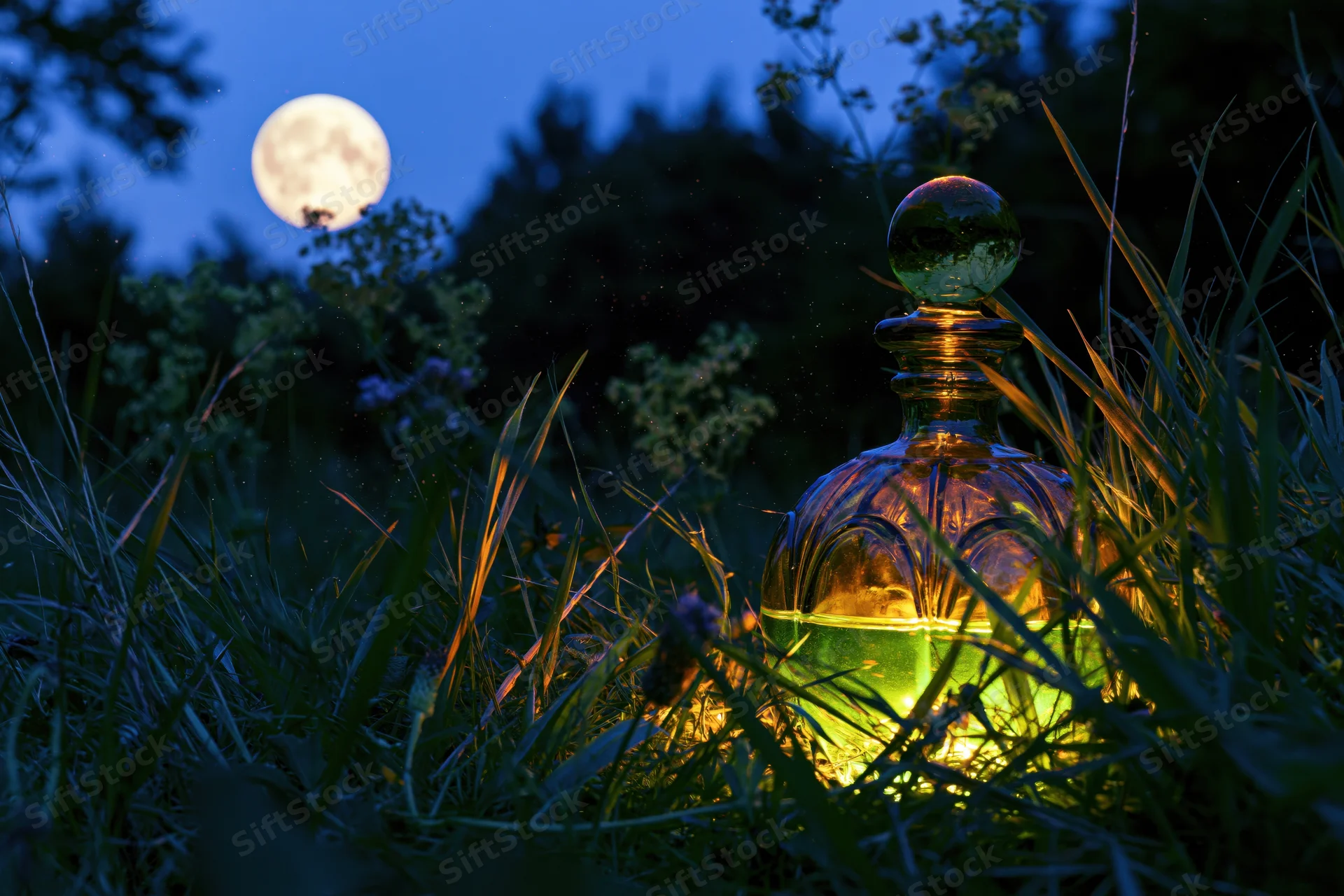Ornate glass bottle glowing with green liquid in grass under full moon at night